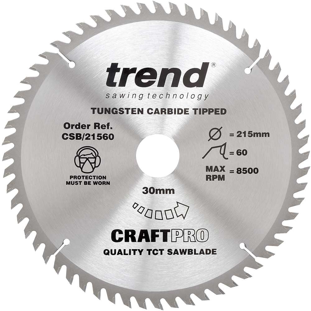Trend CSB/21560 Craft Pro Fine Trim Finishing TCT Circular Saw Blade for Table/Mitre Saws, 215mm x 60 Teeth x 30 Bore, Tungsten Carbide Tipped Trend CSB/21560 Craft Pro, Fine Trim Finishing TCT Circular Saw Blade for Table/Mitre Saws, Tungsten Carbide Tipped, 215mm x 60 Teeth x 30 Bore
