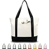 TOPDesign 1 | 3 | 6 | 30 Pack Canvas Tote Bag with an External Pocket, Reusable Grocery Shopping Bag, Top Zipper Closure, Daily Essentials (Black/Natural Pack of 1)