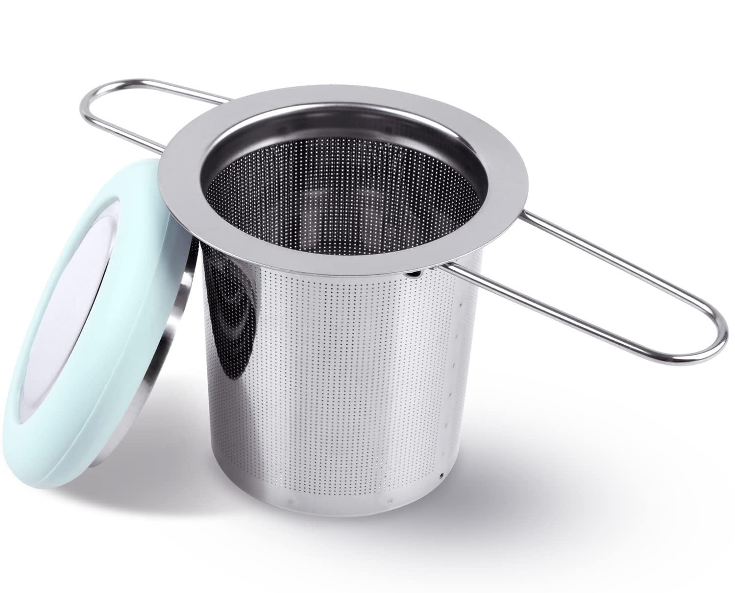 Fenshine Tea Infuser Stainless Steel Tea Strainer Folding Handle Tea Filter Extra Fine Mesh Strainer Brewing Basket with Lid for Loose Leaf Tea (Light Blue)