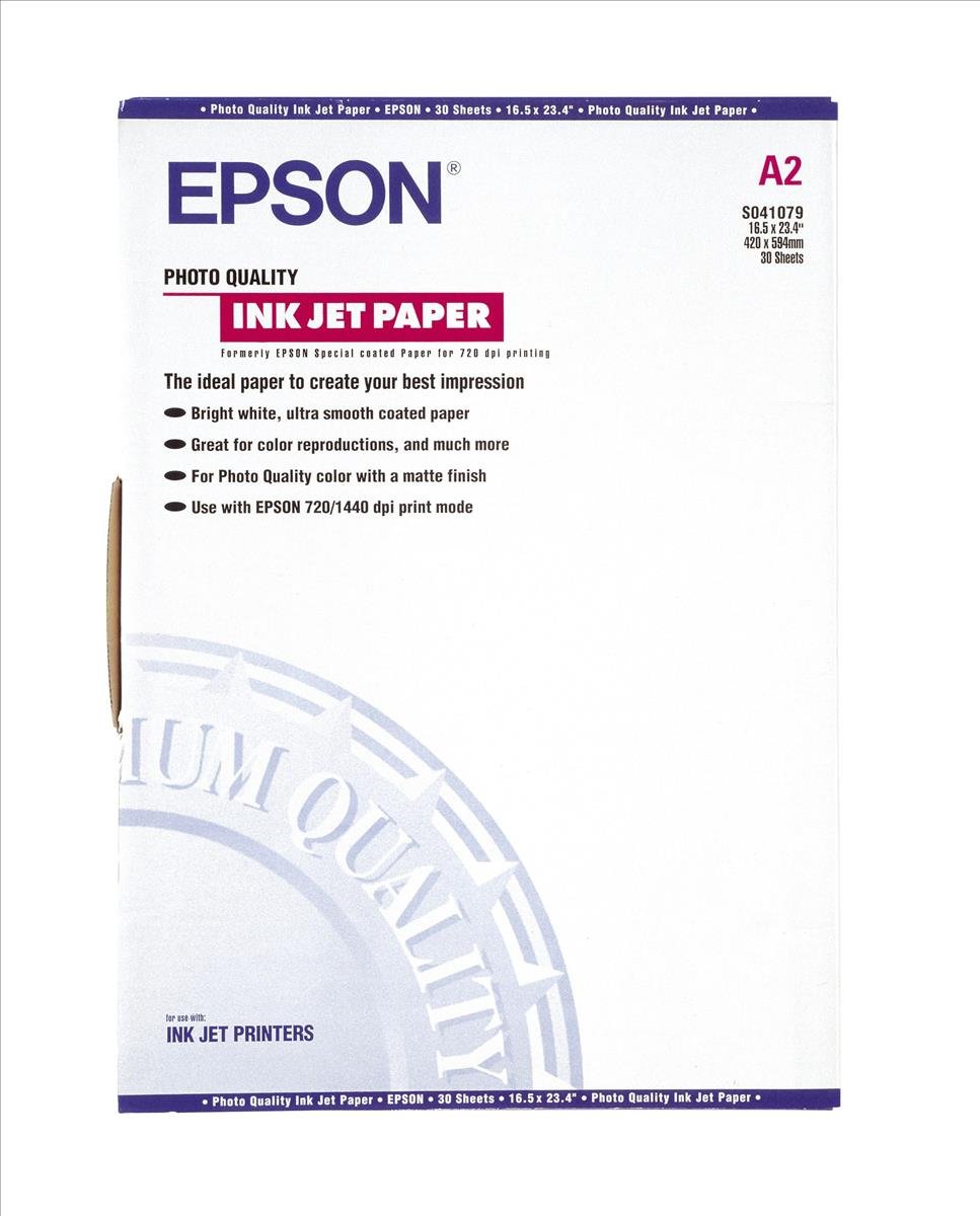 Epson S041079 C13S041079 Photo Quality Ink Jet Photo Paper, A2, 420 x 594mm, 102 g/m2, 30 Sheets,Bright White