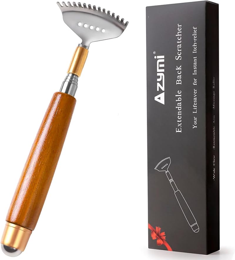 Azymi Telescopic Back Scratcher Wooden Handle Steel Claw Massager