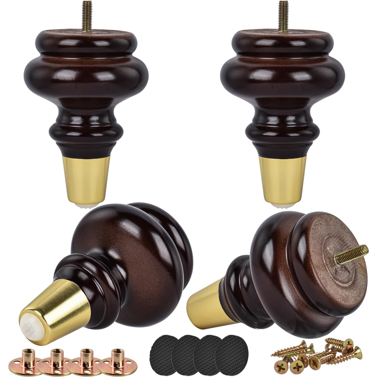 Btowin 6 Inch / 15cm Solid Wood Furniture Legs, 4Pcs Mid-Century Modern Walnut Turned Wooden Bun Feet with Threaded M8 Hanger Bolts & Mounting Plate & Screws for Sofa Couch Cabinet Armchair Recliner