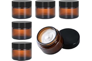 6 Pcs Amber Glass Jar, Empty Cosmetic Container with White Inner Liners and Black Lids, Brown Glass Container, Refillable Gla