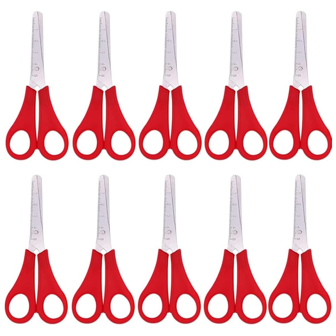School Scissors Red 1x 5X 10x 20x Pack with Plastic Handles and Stainless Steel Blades Ruler Safety 130mm Children Kids (10 Pack)
