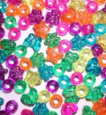 Bright Glitter Sparkle Multicolor Mix Pony Beads Assortment Barrels &amp; Shapes, 975 beads bulk bag