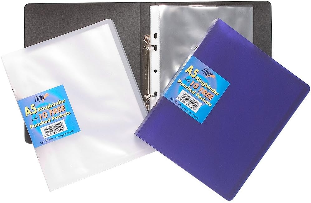 12 x A5 Slim Ring Binder Book + 10 Plastic Punched Clear Pockets Small