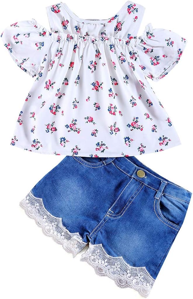 Baby Girls Shorts Set Floral Printed Cold Shoulder Shirt