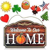 Bigtime Signs Welcome to Our Home - Wood Grain-Print Door and Wall Decor - 8 Interchangeable Holiday Magnets for Halloween, Easter, Fall, Christmas, Valentines - Front Porch Hanging Plaque Decoration