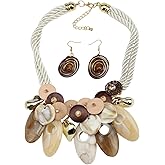 Florate Chunky Statement Pendant Necklace Earrings Set for Women Wood Button Crystal Bead Ethnic Tribal Rope Chain Fashion Jewelry