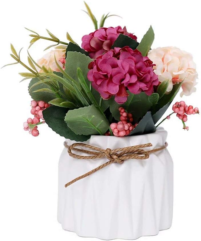 FABSELLER Artificial Flowers Artificial Hydrangea Flowers in Ceramic Vase Mini Potted Plant for Wedding Home Party Office Table, White