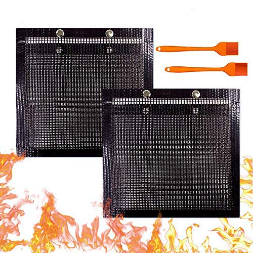 YBB 2 Pcs BBQ Grill Mesh Bag with 2 Pcs Silicone Brush, Non-Stick Large BBQ Baked Grilling PTFE Bag Heat-Resistant Reusable Easy to Clean Mesh Backing Bag for Outdoor Picnic Cooking Barbecue