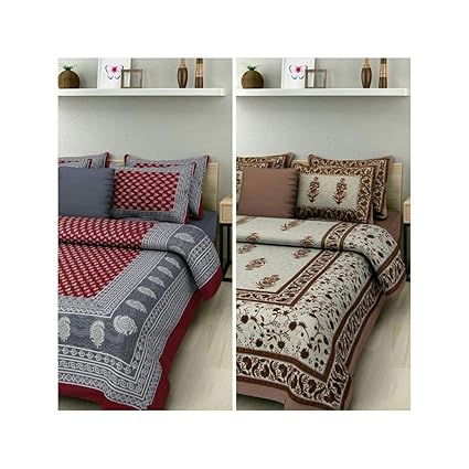 Combo of 2 Printed Double Bedsheet with 4 Pillow Covers SonaFashionS Pure Cotton Bedsheet Multicolor 2 Double Bedsheet with 4 Pillow Covers