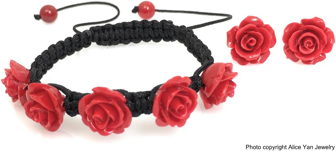 Alice Yan Jewelry Red Rose Bracelet Earrings 2 Piece Set 14K White Gold Over Sterling Silver Hypoallergenic (Red)