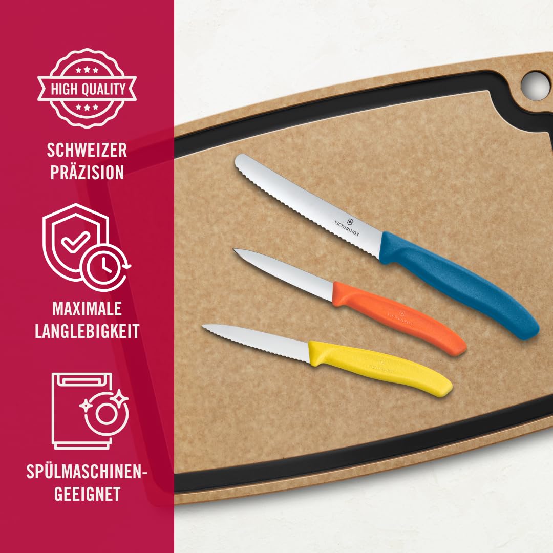 Victorinox Swiss Classic Küchenmesser Set, 3teilig, Gemüse-, Tomaten- und Frühstücksmesser, Scharfe Klinge, Rostfreier Stahl, Gelb/Orange/Blau 4