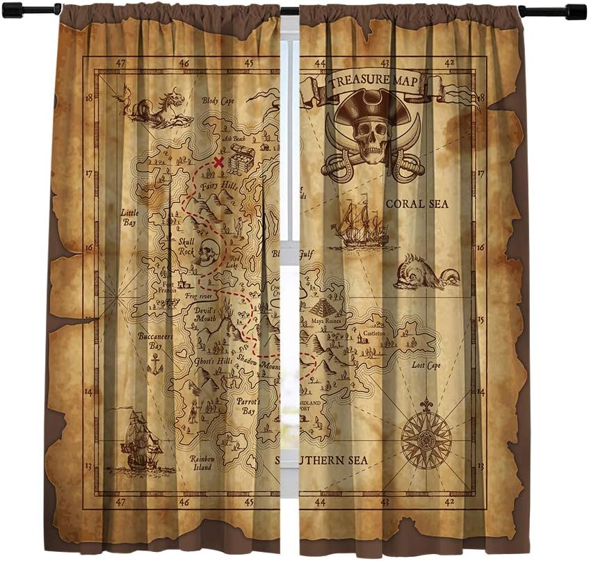 Miblor Blackout Curtains Room Darkening Window Curtains 2 Panels, Detailed Pirate Treasure Map on a Ruined Old Parchment Print Window Treatments Drapes for Bedroom Living Room Kitchen Cafe