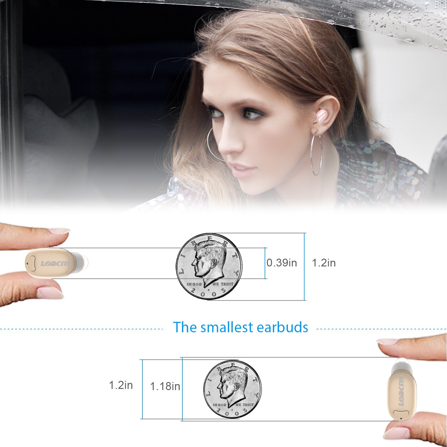 LOBKIN Bluetooth Headphone,Wireless Headset Invisible Earbud Ultra In Ear Earphone Earpiece Handsfree with Mic,Paired with Two Smartphones for iPhone,Samsung,HTC,LG and Other Bluetooth Devices (Beige)