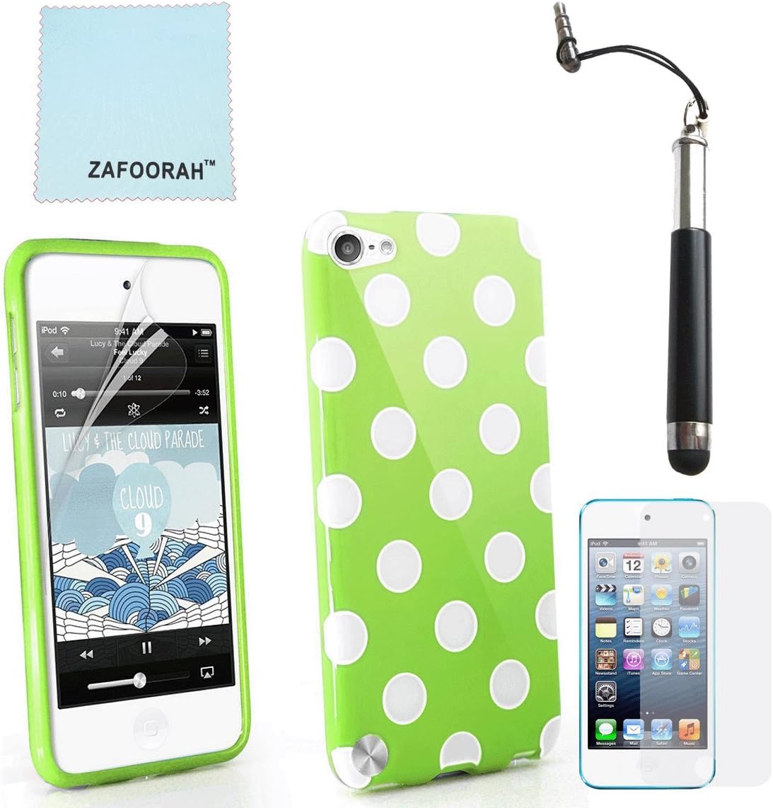 ZAFOORAH® Case Cover for Apple iPod Touch 4 4th Generation Multiple designs +Free Stylus+Screen Protector+Microfiber Cloth (Polka Dot - GREEN)