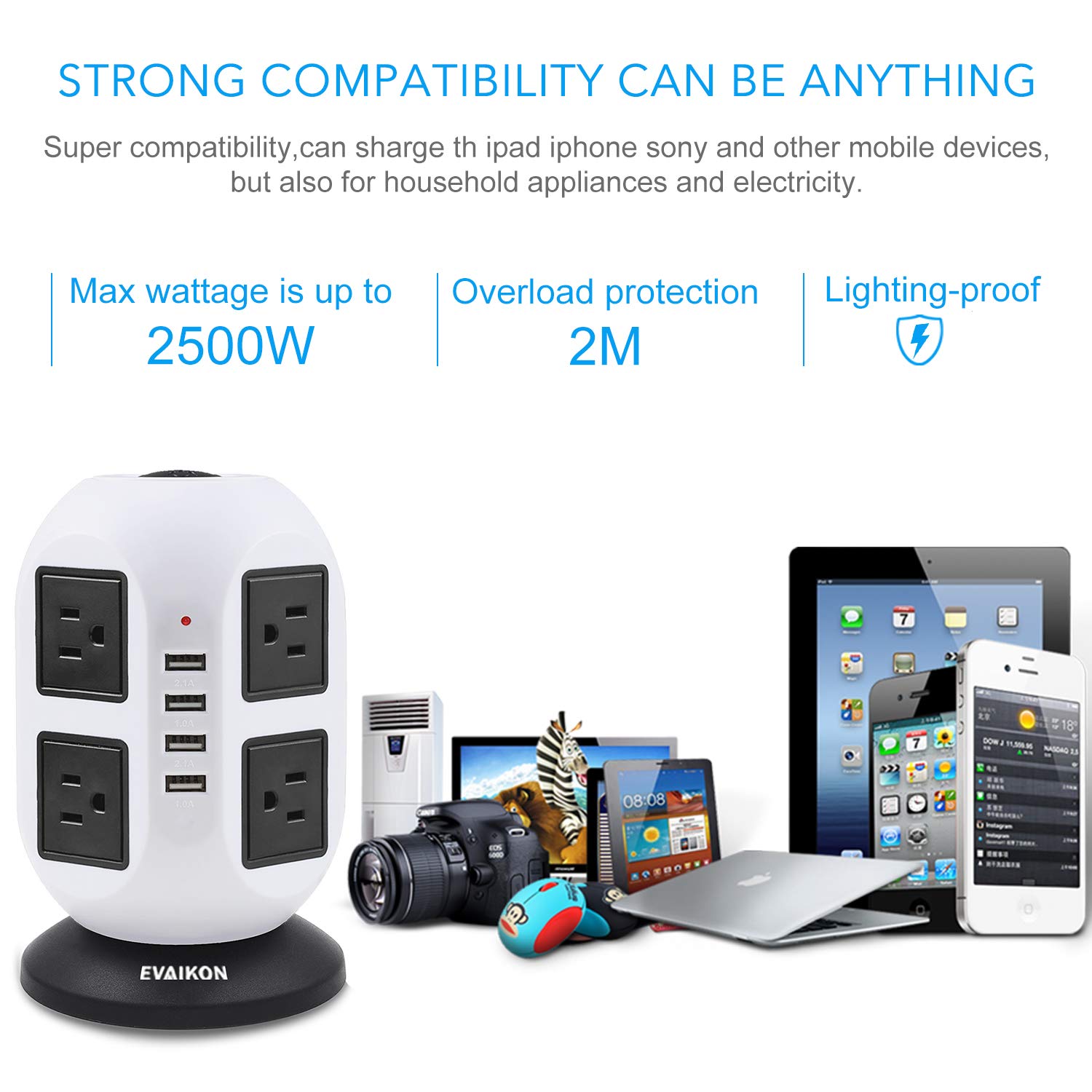 Power Strip Tower - EVAIKON Extension Cord with 8 Outlet 4 USB Ports 3000W/13A Surge Protector Electric Charging Station +6.5FT Wire Universal Socket for Home Office