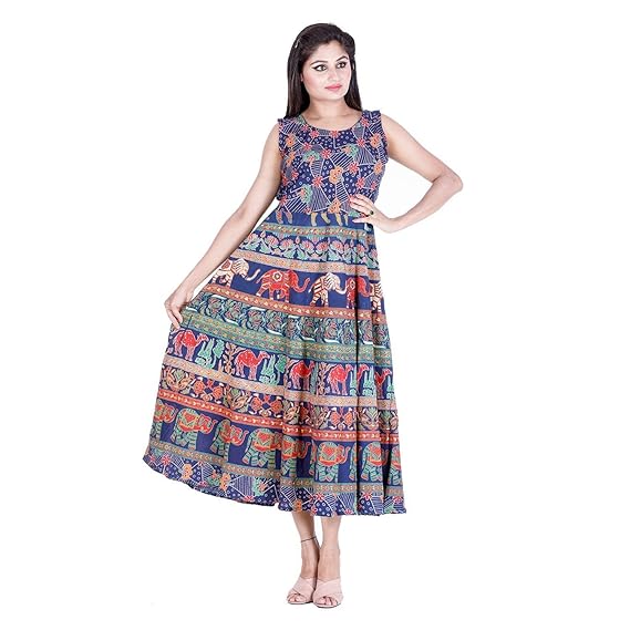 Jaipuri Animal Print Long Cotton Maxi Dress for Women and Girls in Free Size (Blue, Up to S-XXL)