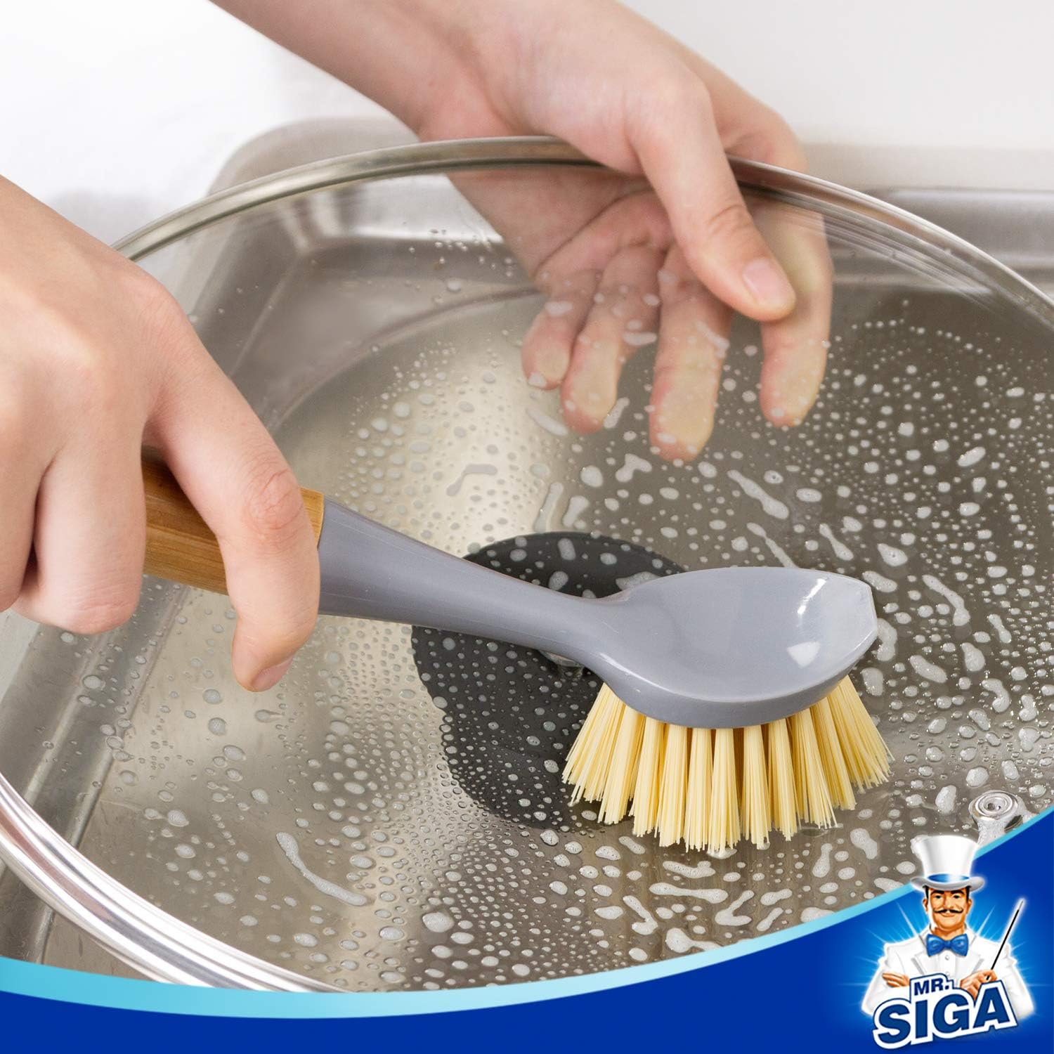 MR.SIGA Dish Brush with Bamboo Handle Built-in Scraper, Scrubbing Brush for Pans Pots, Kitchen Sink Cleaning, Pack of 2 - Image 4
