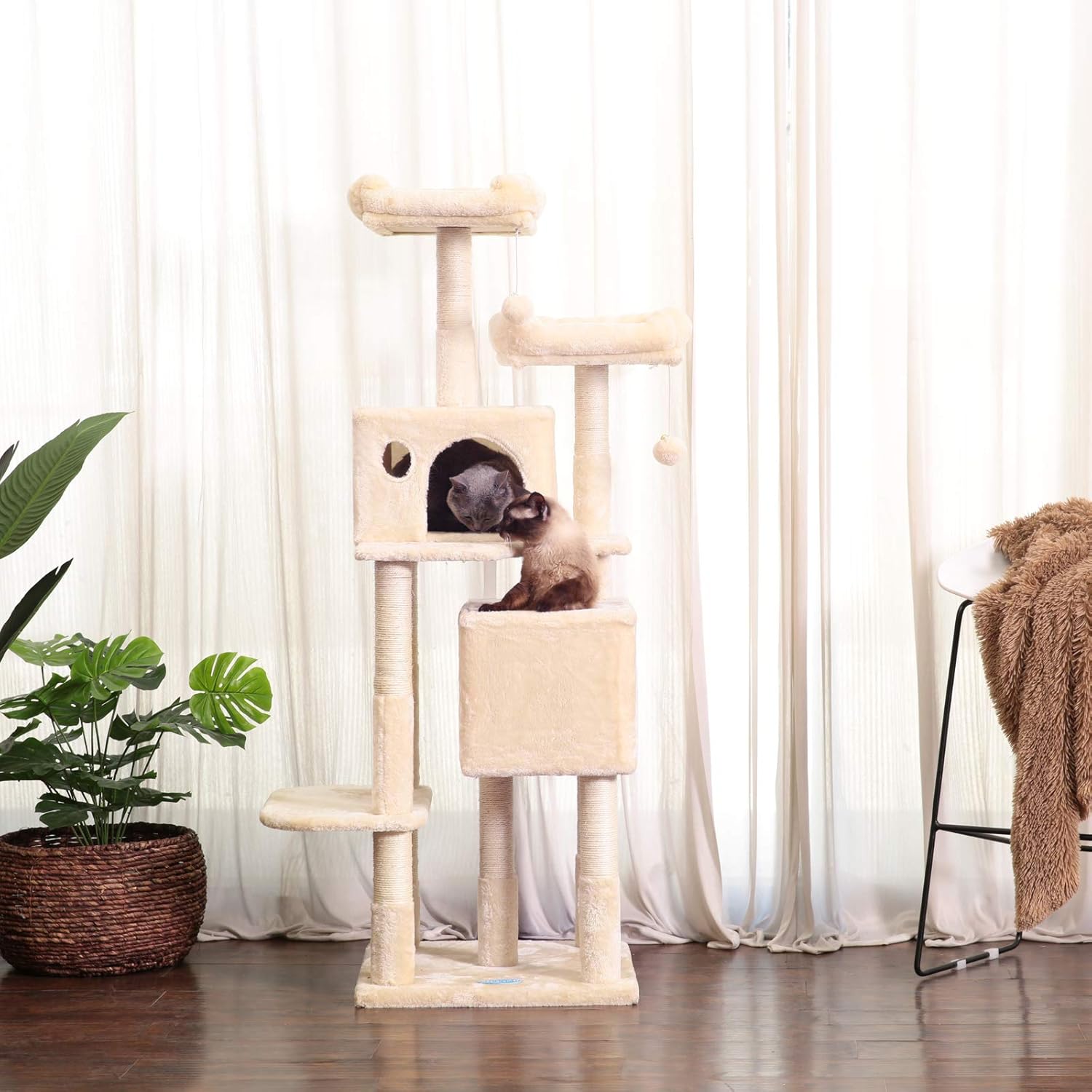 Hey-brother 60 inches Multi-Level Cat Tree Condo Furniture with Sisal-Covered Scratching Posts, 2 Plush Condos, 2 Plush Perches, for Kittens, Cats and Pets, Beige MPJ012M : Pet Supplies