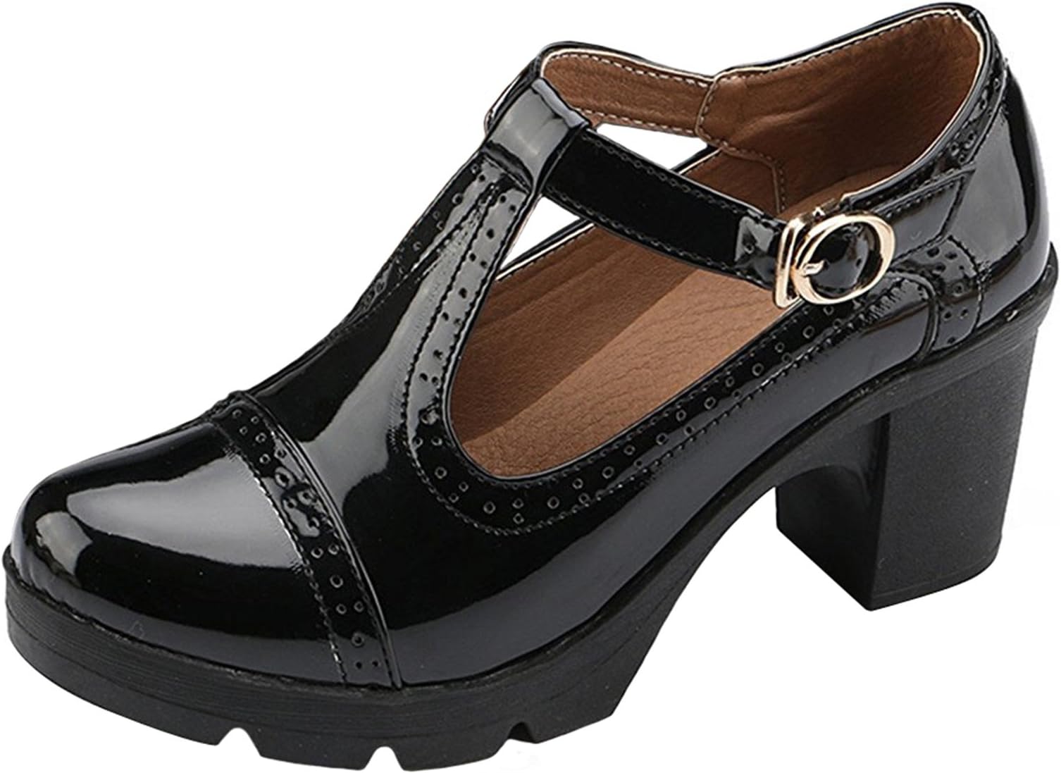 Women's British Style T-Bar Platform Heeled Oxford Shoes Work Shoes