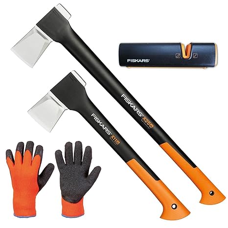 FISKARS© Set Spaltaxt X25 - XL + X11 - S + Xsharp Axt- und Messerschärfer + Handschuhe