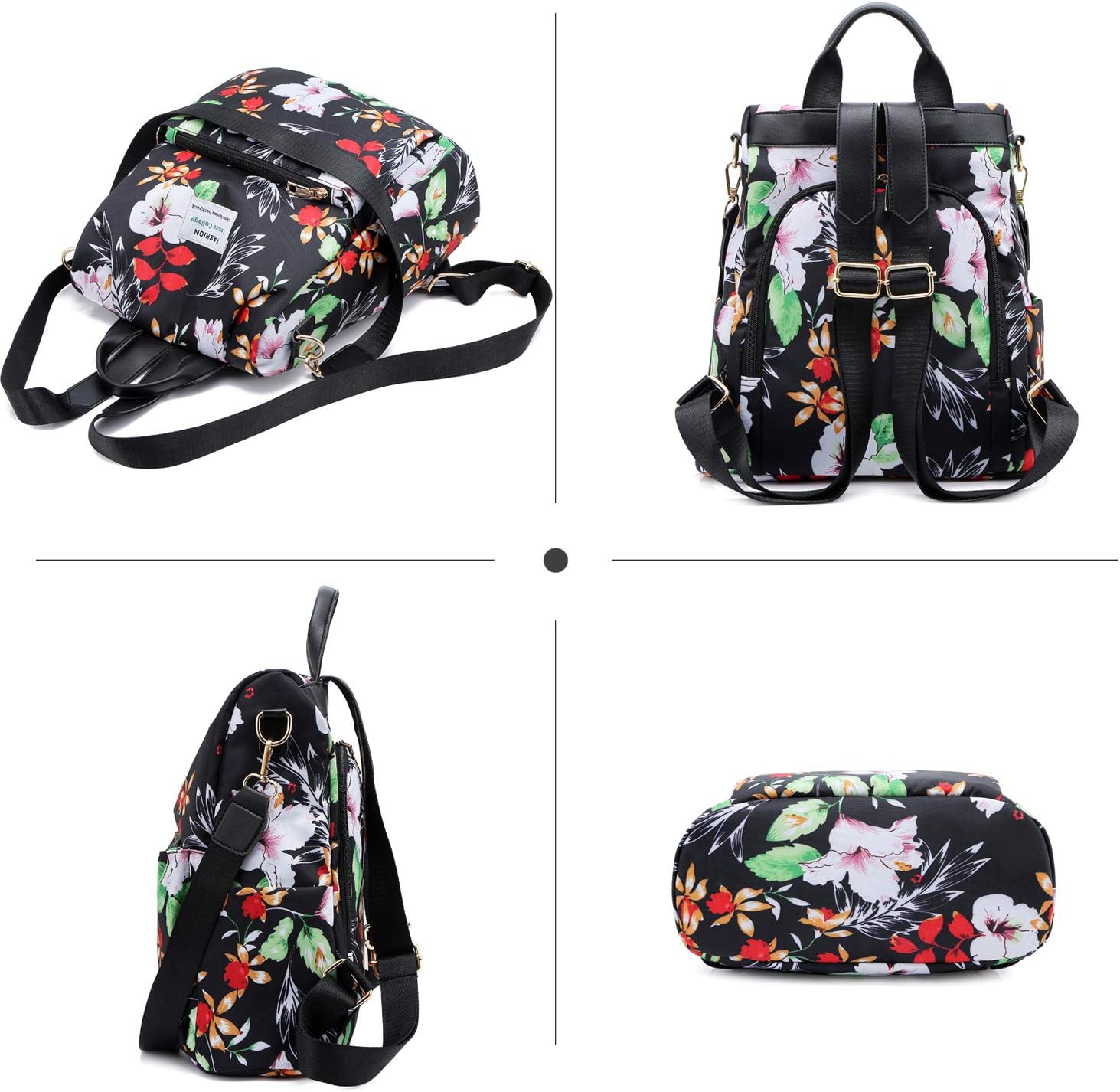 FANDARE Women Backpack Anti-Theft Handbag Girls School Shoulder Bag Casual Daypacks Lightweight Rucksack for Outdoor Travel School Campus Shopping Waterproof Nylon Black Flowers - Image 4