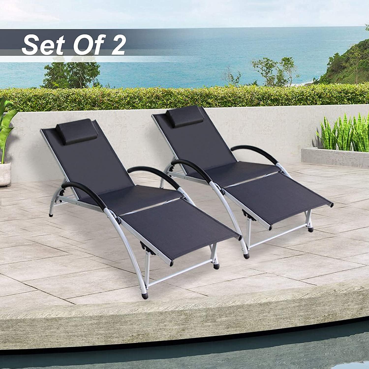 Seaipen Chaise Lounge Chair Outdoor with Head Pillow Set of 2, Patio Lounge Chair, 2021 Material Innovation and Upgrade，Waterproof, Sit-up Function : Garden & Outdoor