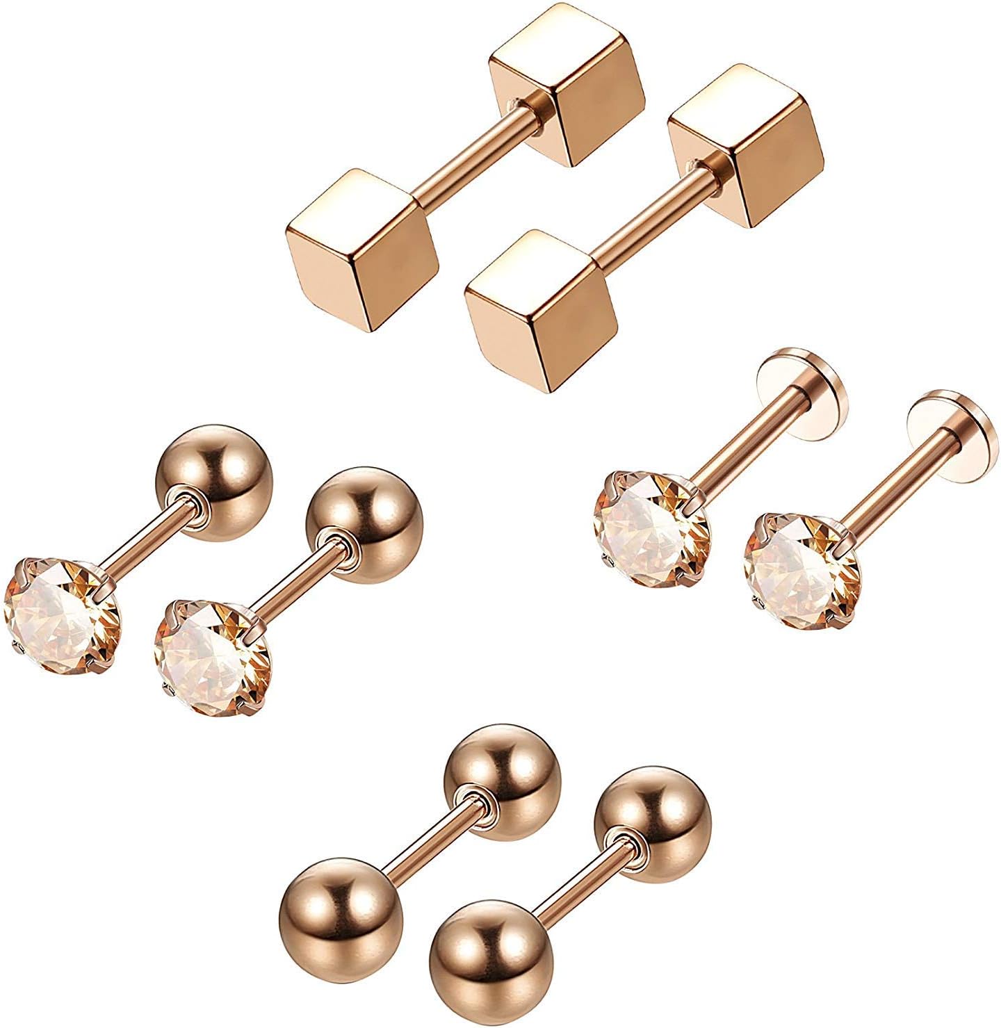 Finrezio 4Pairs 18G Stainless Steel Cartilage Helix Piercing Barbell Piercing Studs Earrings CZ Inlaid for Women
