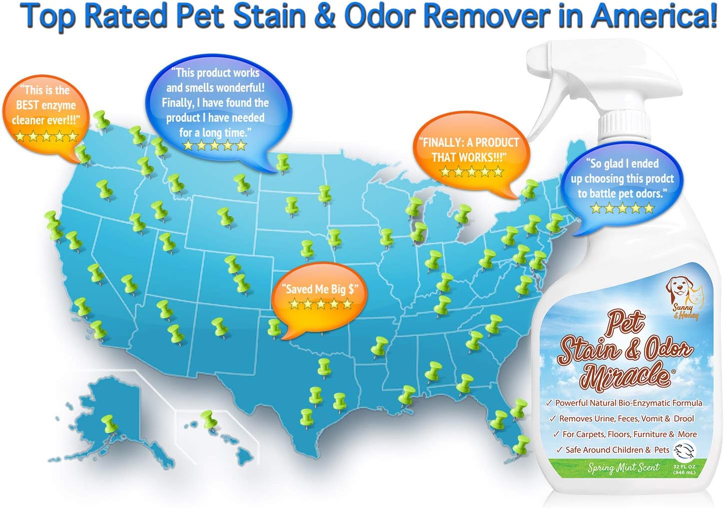 Pet Stain & Odor Miracle - The Best Enzyme Cleaner for Dog Urine Cat Pee Feces Vomit, Enzymatic Solution Cleans Carpet Rug Car Upholstery Couch Mattress Furniture, Natural Eliminator (S/M 32FL OZ): Kitchen & Dining