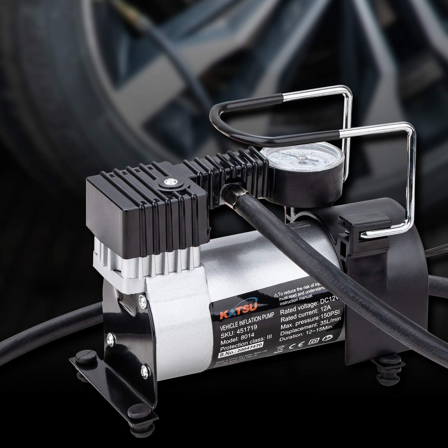 KATSU Car Tyre Inflator 12V DC 14A 140PSI High Volume Air Compressor Tyre Pump for Cars SUVs, 4x4's + 3 Extra Nozzle Adapters - Image 4
