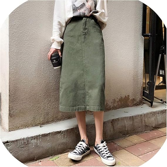 Amazon Co Jp 夏の緑のデニムスカートの女性のハイウエストプラスサイズの分割ポケットロングスカートジーンズレディースaラインミディスカート 服 ファッション小物