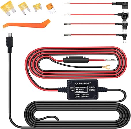 Amazon ドライブレコーダー用 降圧ケーブル Mini Usb電源直結コード 24時間の駐車監視に適用 ４種ヒューズ アダプタ 1クローバー付属 過電流電圧保護 電圧監視機能付 2a 5v輸出 ドラレコレーダー 探知機 Gps対応 約4m長さ ドライブレコーダーアクセサリ 車