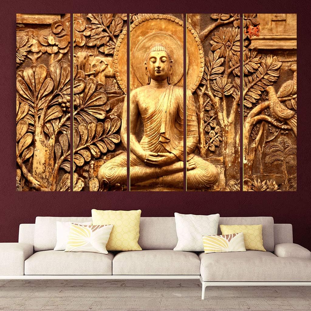 Kyara arts Multiple Frames, Beautiful Buddha Wall Painting for Living Room, Bedroom, Office, Hotels, Drawing Room Wooden Framed Digital Painting (76cmx148cm)