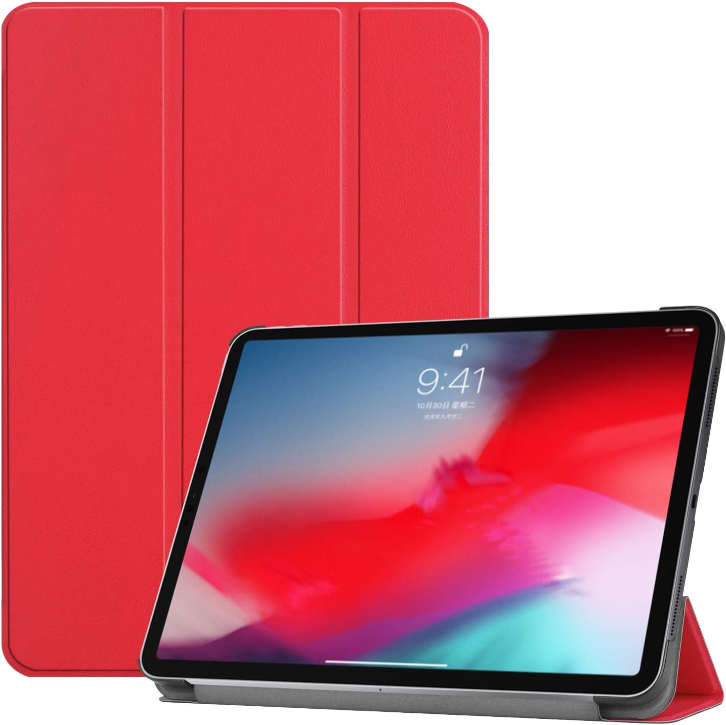 3-Folding Leather Case for iPad Pro 11-inch Display 2018, Folio PU Ultra Slim Fit Protective Auto Sleep/Wake Magnetic Flip Tablet Cover (Red)