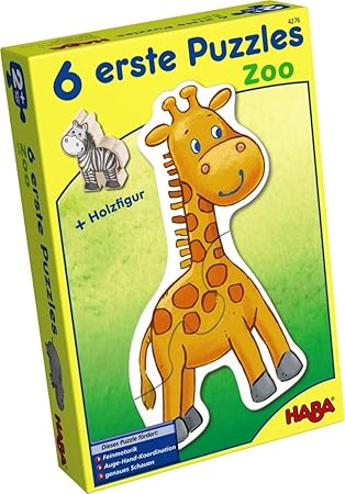 Haba 4276 - 6 Erste Puzzles Zoo, mit 6 niedlichen Zootiermotiven für Kinder ab 2 Jahren, mit Holzfigur zum freien Spielen