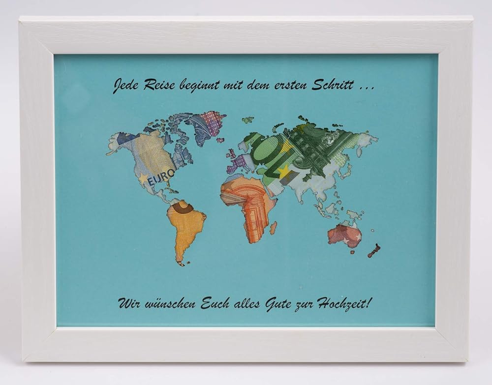 Geldgeschenk Weltkarte MIT Bilderrahmen für Hochzeit (beschriftet