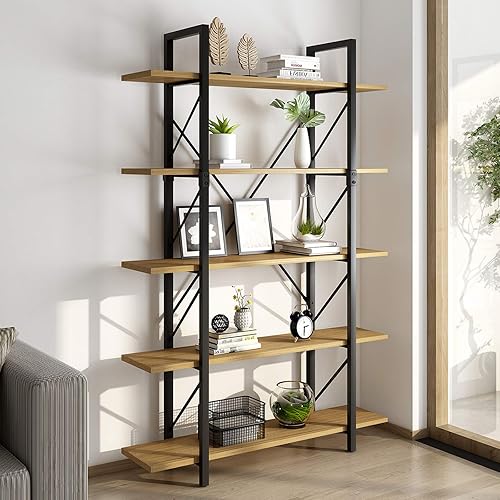 YITAHOME 5 Tiers Bookshelf, Open Freestanding 5 Shelf Bookcase 5-Tier Storage Shelf for Display and Collection, Modern Decorative Furniture for Living Room, Home, Office, Walnut Bookshelf