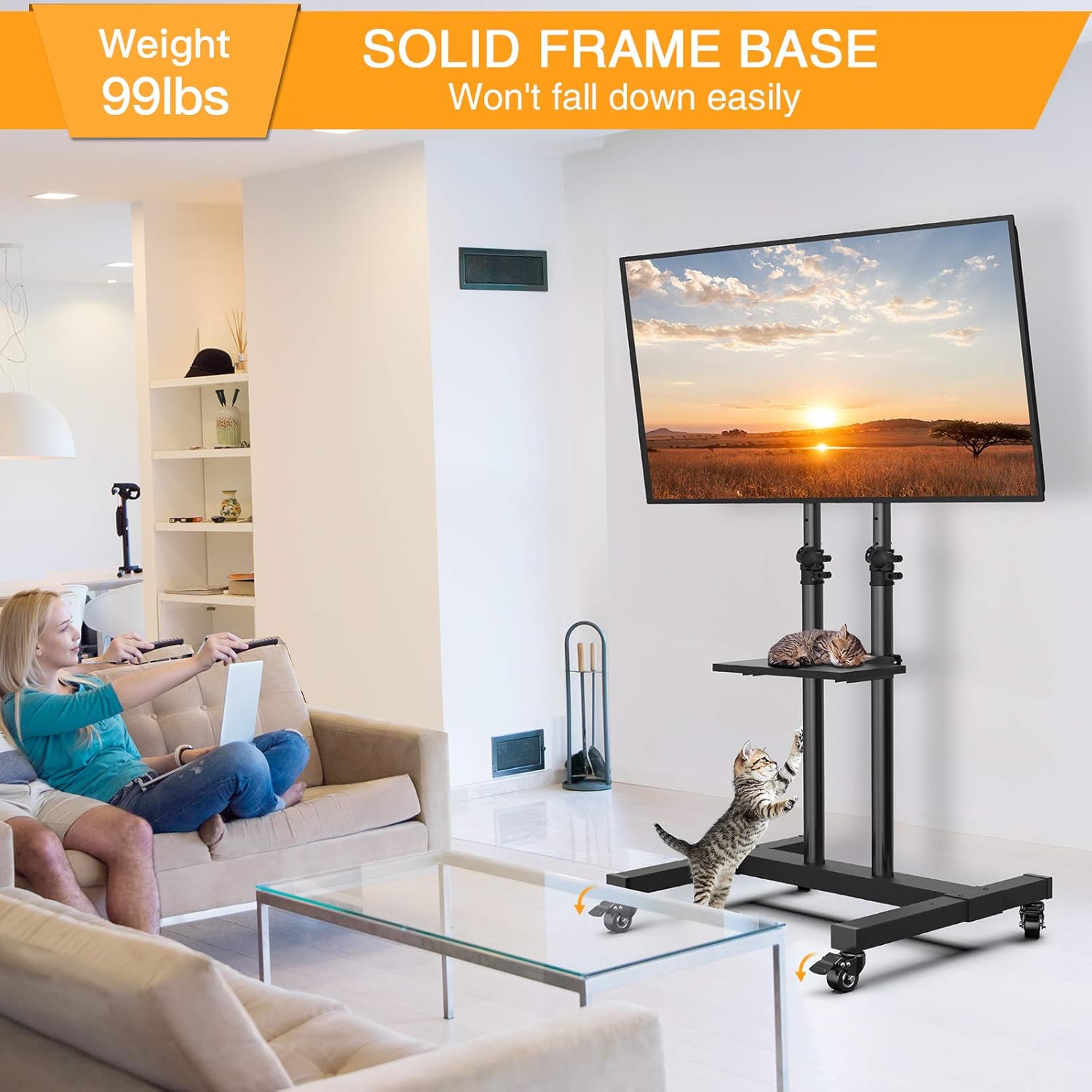 Mobile TV Stand with Wheels for 32-60 Inch LED Flat/Curved Panel Screen TVs Tilting TV Cart Height Adjustable Max VESA 600×400mm Rolling Floor Trolley Stand w/Shelf Supports TV up to 99lbs - PGTVMC03: Electronics