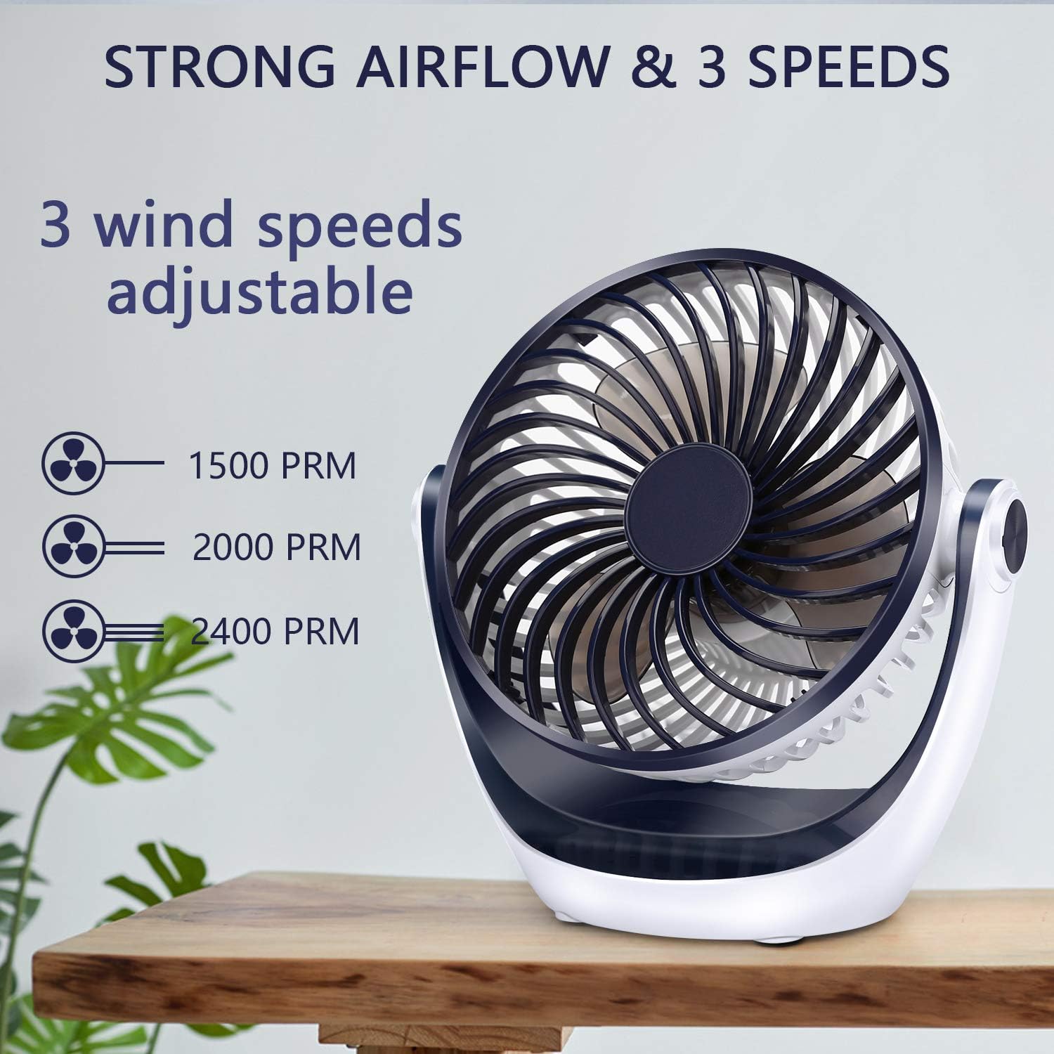 Aluan Desk Fan Small Table Fan with Strong Airflow Rechargeable Battery Operated Portable Fan 3 Speeds Adjustable Head 360°Rotatable Mini Personal Fan for Home Office Bedroom Table and Desktop: Kitchen & Dining