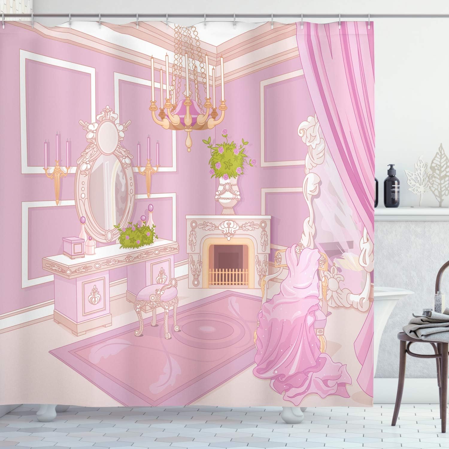 Amazon Com Ambesonne Feminine Shower Curtain Princess Dressing Room View In Antique Palace Design With Chandelier Fireplace Print Cloth Fabric Bathroom Decor Set With Hooks 70 Long Pink Home Kitchen