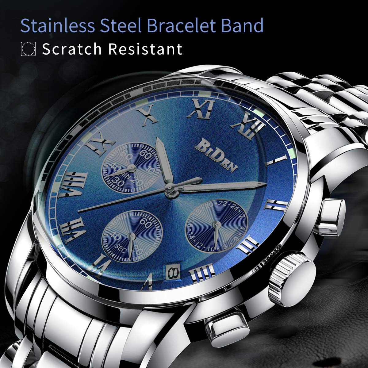 Montre de montres, pour homme montre bracelet en acier inoxydable Argenté, Luxe Design Cadran bleu étanche multifonction à quartz pour homme, montres Causal Entreprise Robe