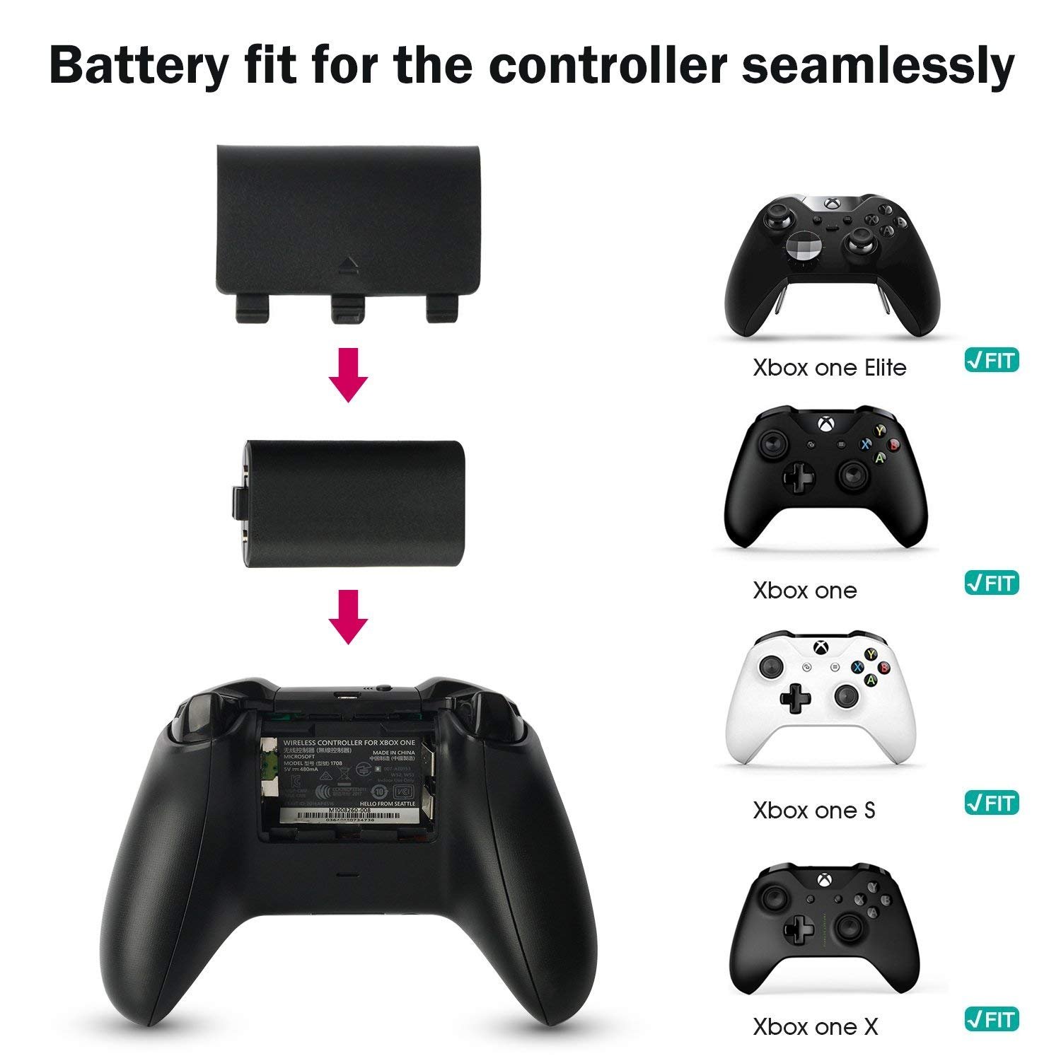 Xbox One Controller Battery Pack, Xbox One S Rechargeable Charge and Play Twin Batteries Replacement 1200mAh + 8.2ft / 2.5m Micro USB Charging Cable, Black