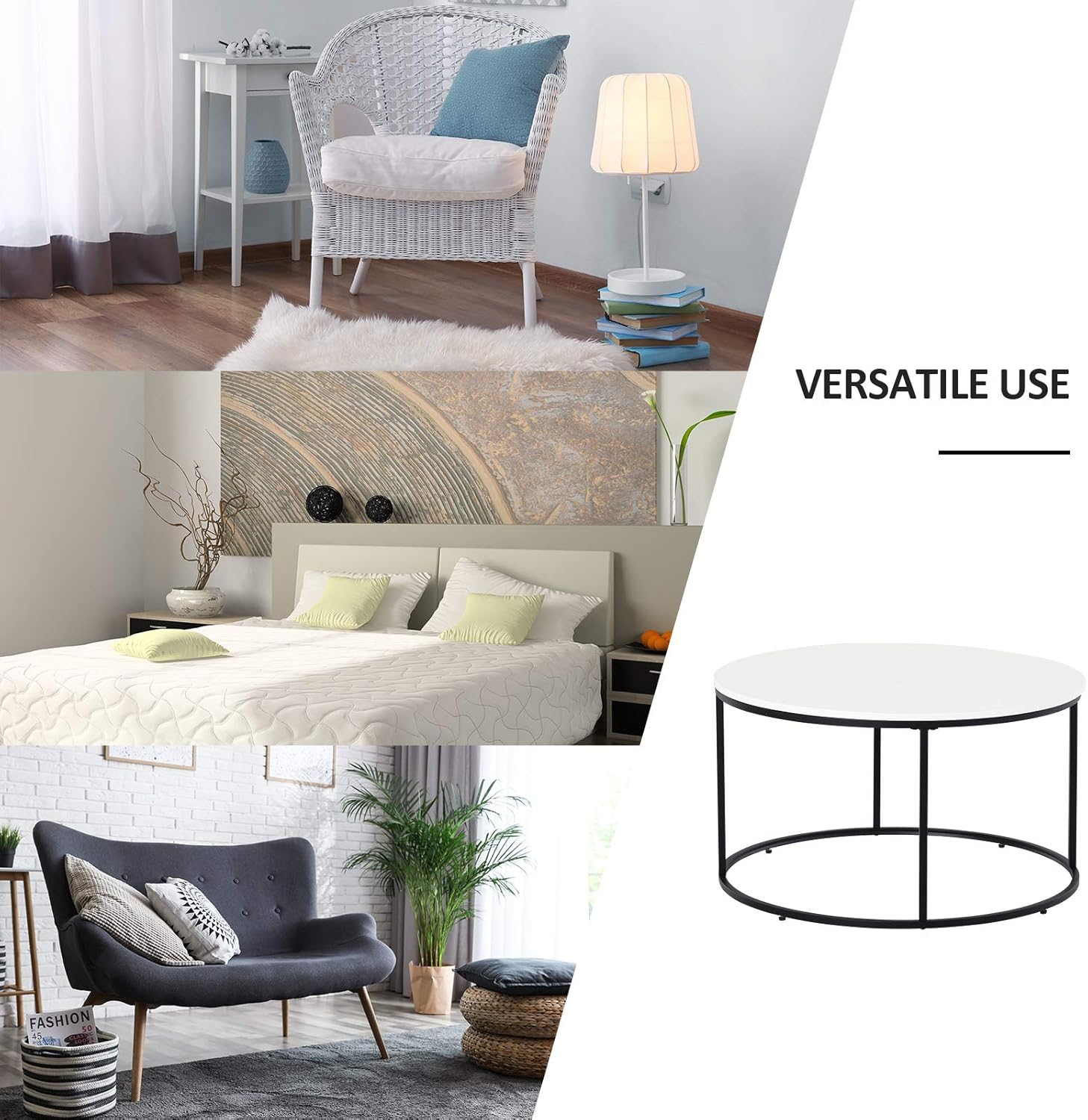 HOMCOM Wood Round Coffee Sofa Table Side with a Modern Design, Black Metal Frame and Easy Maintenance, White: Furniture & Decor