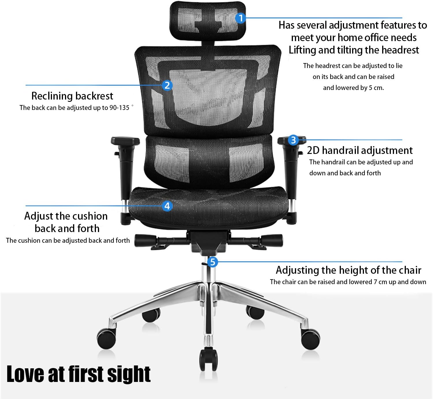Office Chair Ergonomic with 3D Lumbar Support and Rollerblade Wheels,Seat Depth Adjustment,Executive Office Chair with High Back and All Mesh Design(Black): Kitchen & Dining