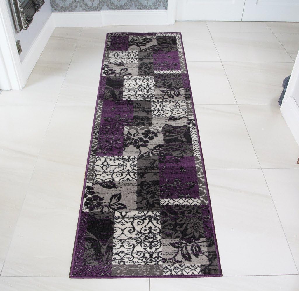 The Rug House Milan Purple, Black & Grey Patchwork Hall Runner Rugs