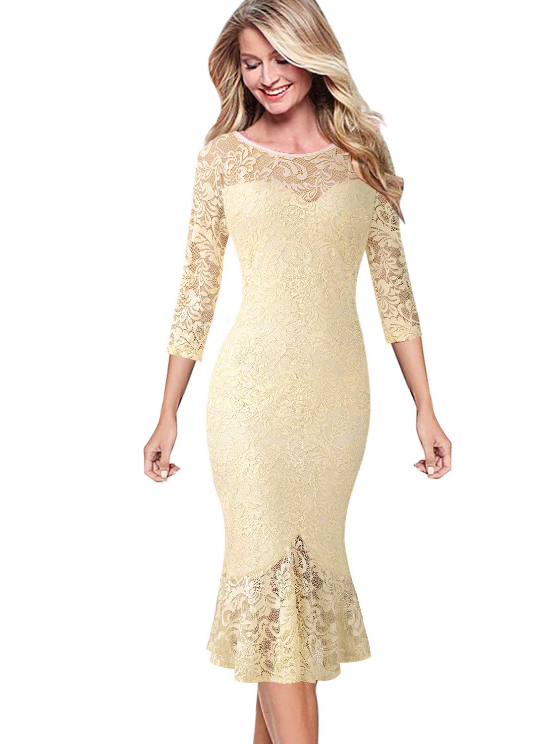 Vfshow Womens Elegant Floral Lace Cocktail Party Mermaid Midi MidCalf