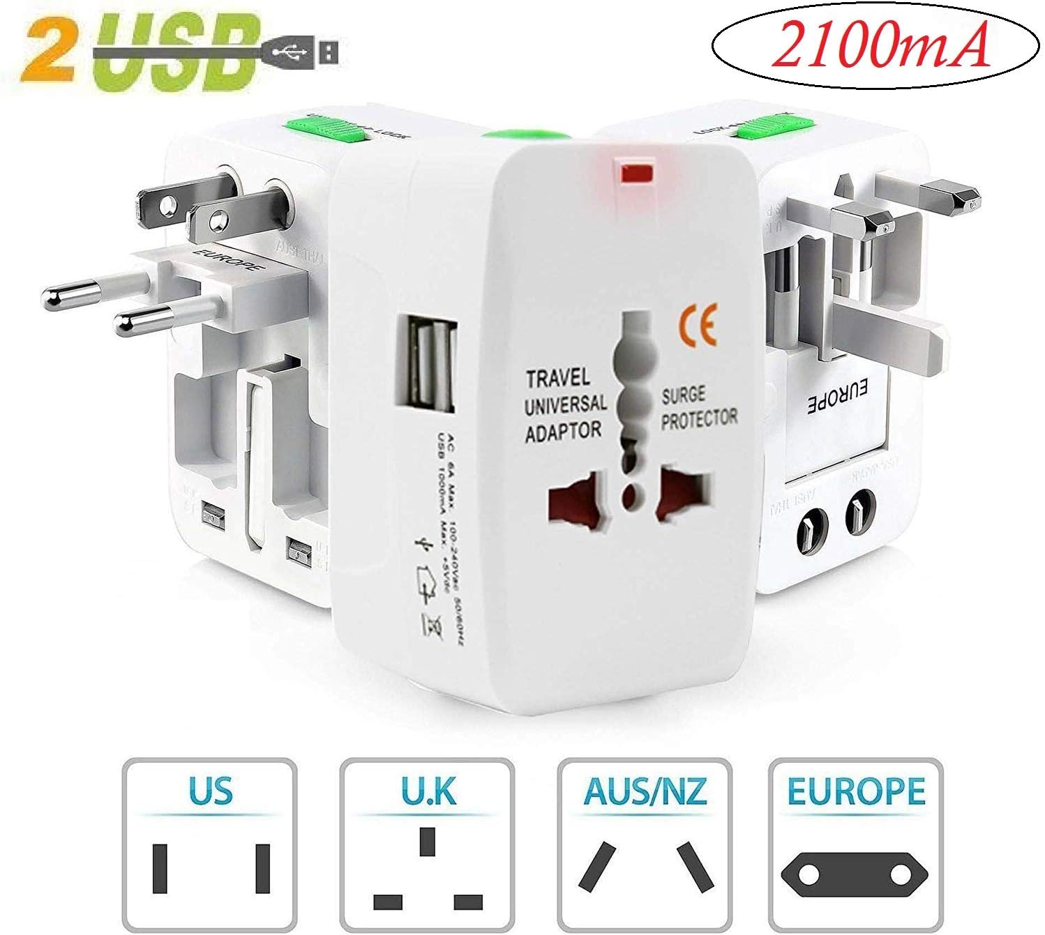 Tric Plastic Universal Travel Adapter with Built in Dual USB Charger Ports with 125V 6A, 250V Surge/Spike Protected Electrical Plug (White, 2100mA)