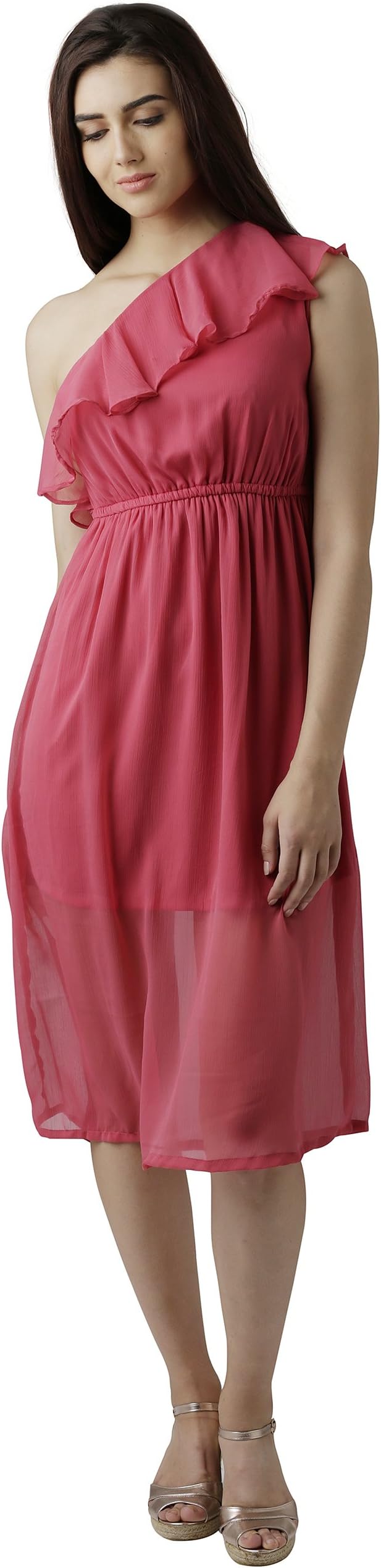 Women's Blue One-Shoulder Ruffled Midi Dress